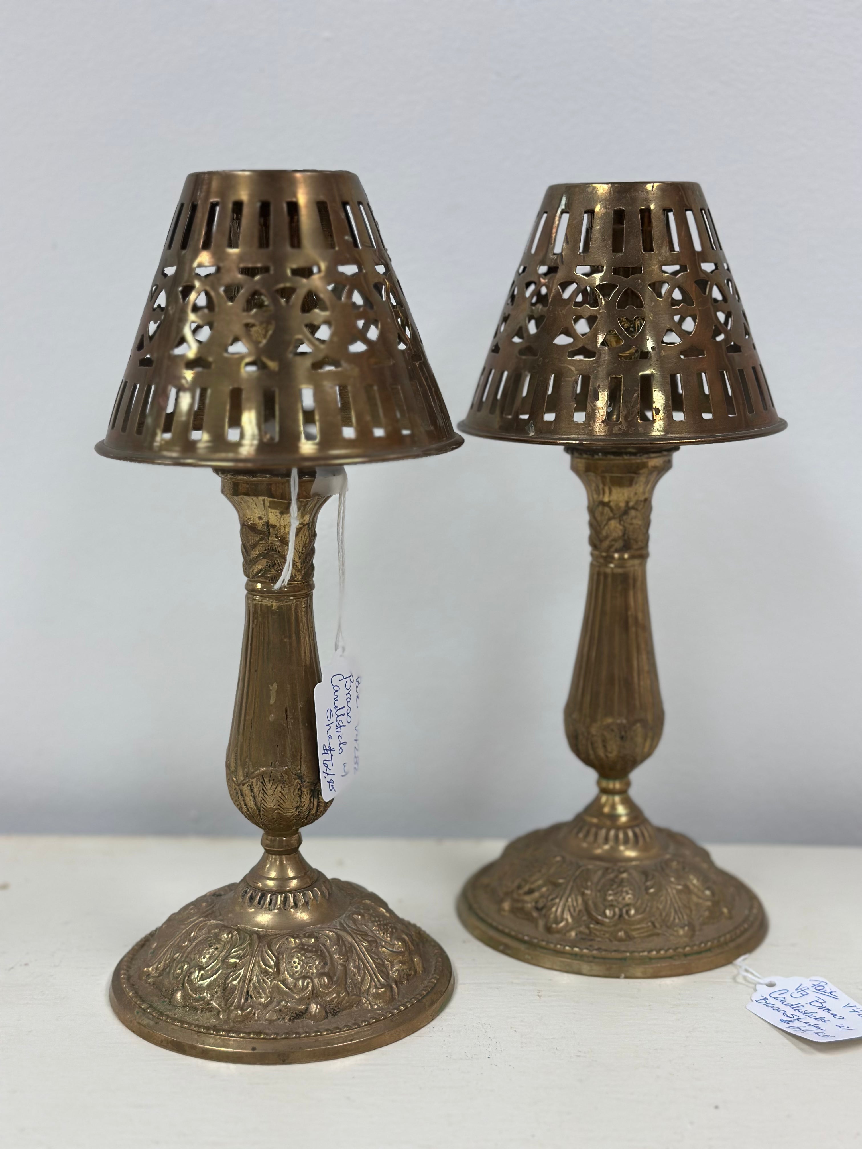 Vintage Brass Candlesticks with Shade (Set of 2)